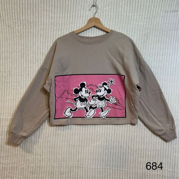 Disney Mickey & Minnie Mouse XXL Beige Pink Cropped Sweatshirt Pullover - Picture 1 of 14